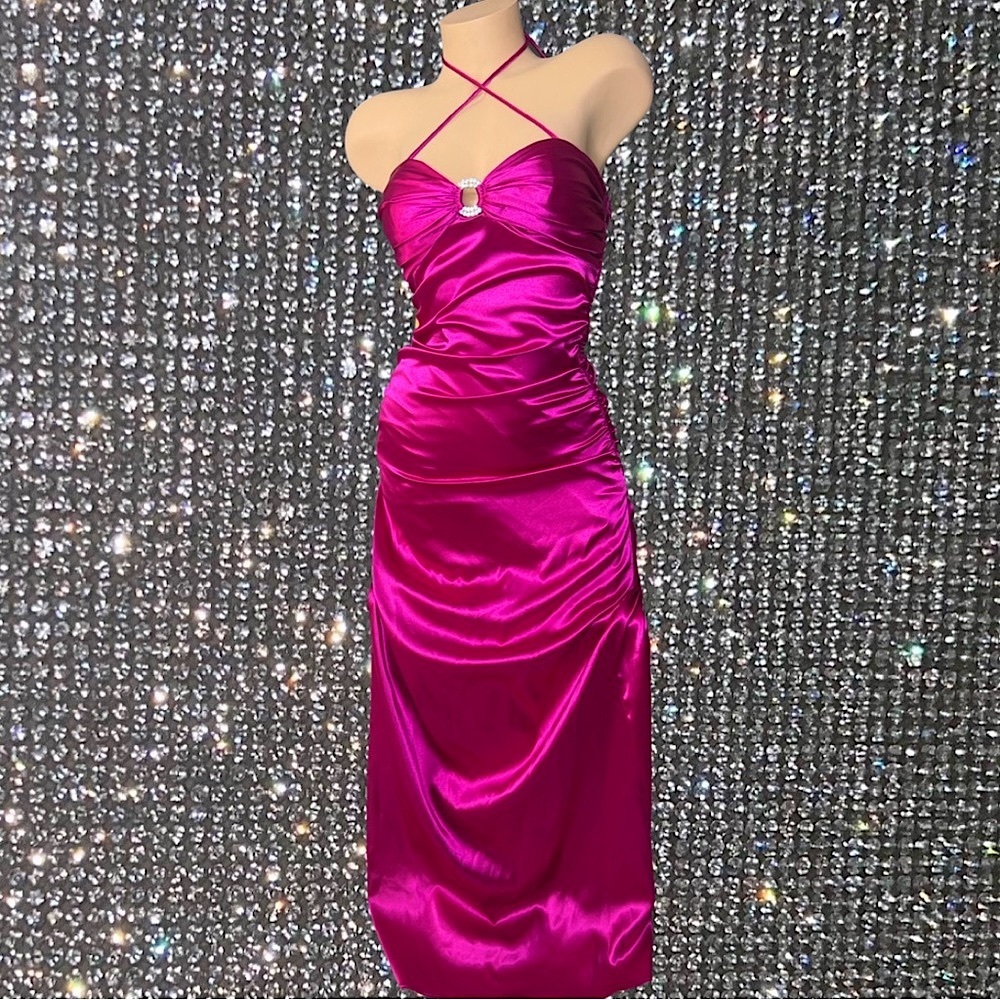 Blondie nites by Stacy skylar dress pink shiny satin silk rhinestone orings y2k